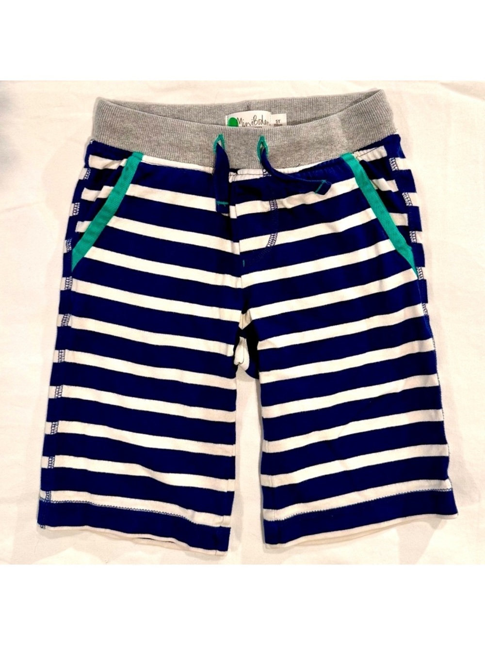Mini Boden Striped Shorts Boys 5Y Jersey Baggies Cotton Navy Blue White Stripes